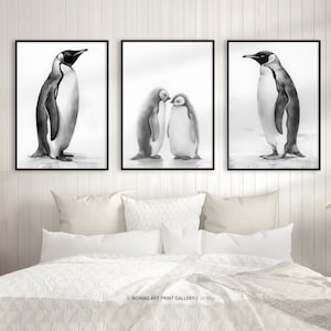Láminas artísticas de pingüinos emperador (3 piezas), pingüinos en blanco y negro, arte mural antártico, fauna antártica, póster (3 láminas de museo)