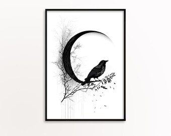 Blackbird and Moon Art Print, Black and White Blackbird Illustration, Celtic Welsh Mythology Minimalist Poster Printable Digital Download