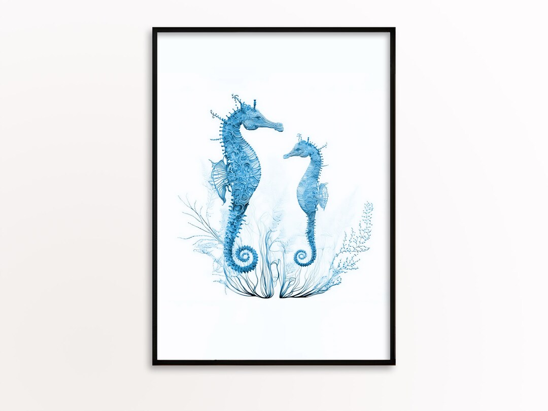 Blue Seahorse Wall Art, Nautical Print for Ocean and Beach Themed