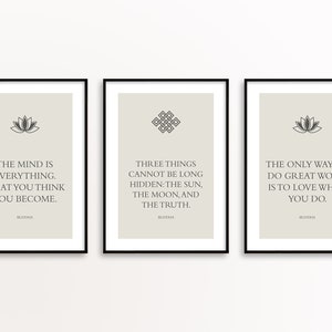 Set di 3 stampe con citazioni di Buddha, citazioni ispiratrici, arte della meditazione, citazioni sulla consapevolezza, arredamento della stanza yoga, stampe con citazioni arte murale, spiritualità