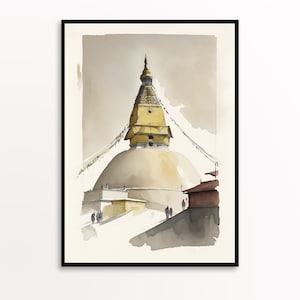 Stupa Watercolor Art Print, Nepal Wall Art, Nepal Travel Landscape, Himalayas Print, Chorten, Nepal Stupa Minimalist Poster Digital Download