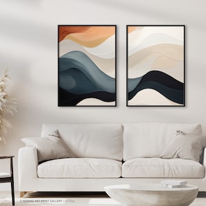 Set of 2 Abstract Wave Wall Art Prints, Apartment Decor, Minimalist Wave House Warming Gift, Matching Orange Grey CreamBlue Museum Prints