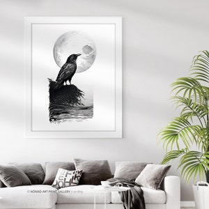 Raven Moon Art Print, Black and White Raven Illustration, Gothic Home Decor Print, Norse Viking Odin Crow Minimalist Poster Museum Print