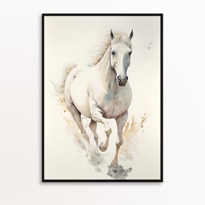 White Horse Watercolour, Equestrian Wall Art, White Horse Painting, White Horse Wall Art, Galloping White Horse Minimalist Poster Printable