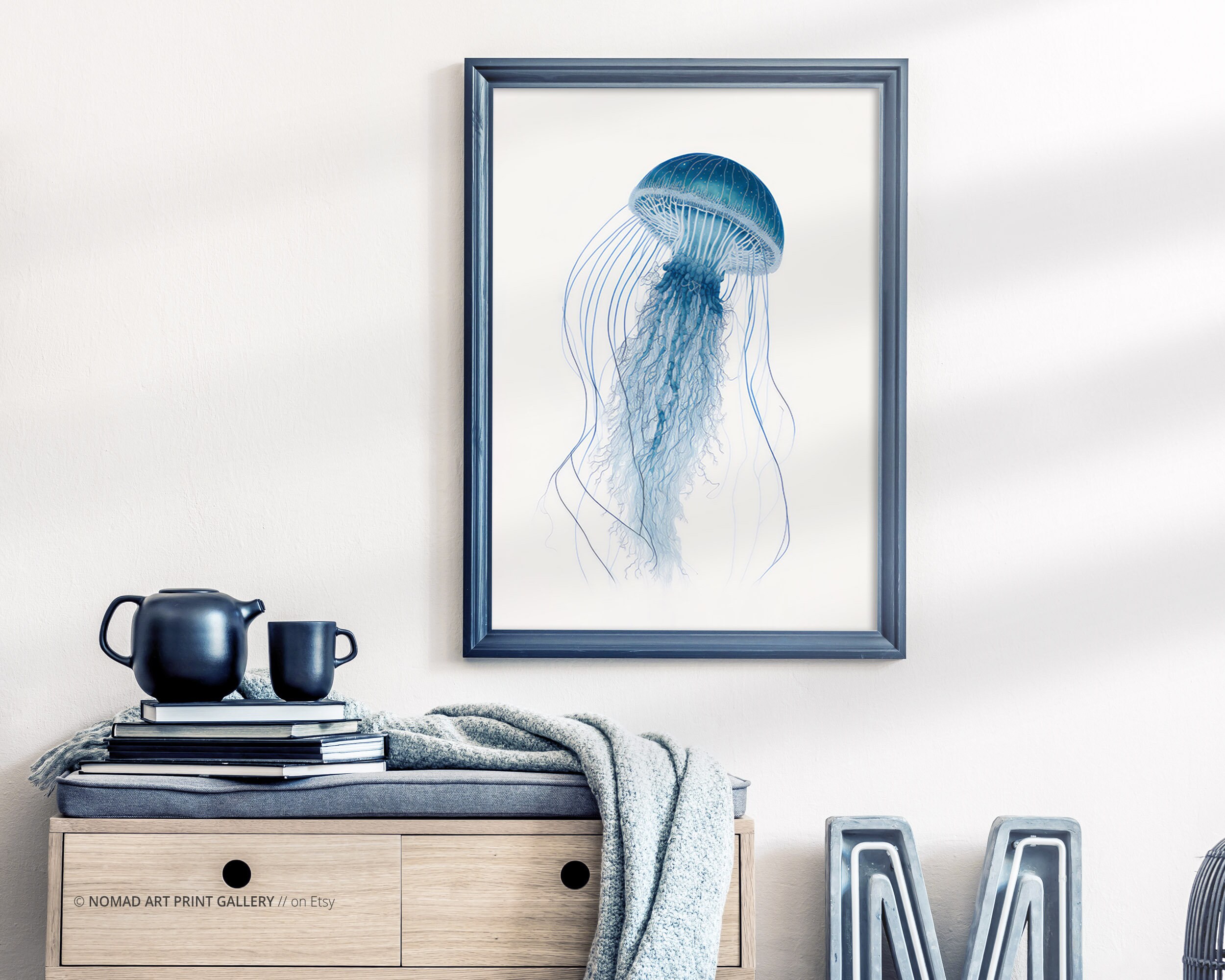 Jellyfish Wall Art, Blue Jellyfish Art, Ocean Art, Nautical Print ...