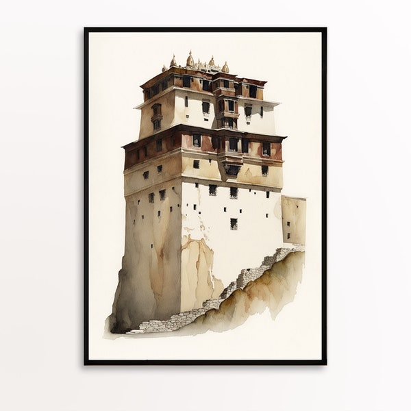 Tibet Watercolour Print, Tibet Wall Art, Tibet Travel Landscape, Himalayas Print, Fort Art Print, Tibet Minimalist Poster Digital Download