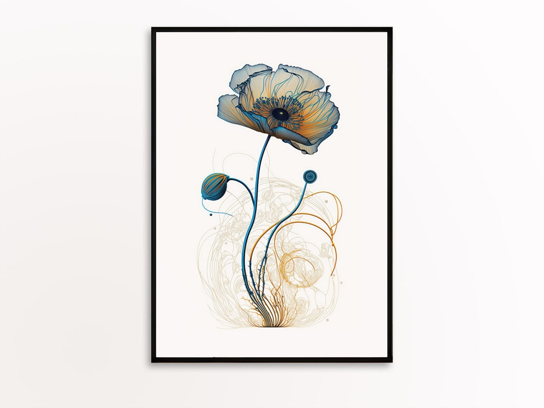 Blue Poppy Wall Art, Abstract Blue Poppy, Xray Flower Wall Art Print