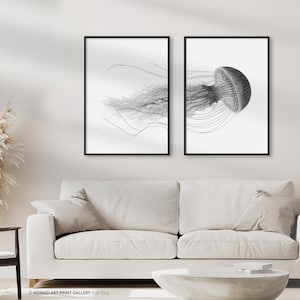 Jellyfish Wall Art, Black & White Ocean Art, Nautical Print, 2 Piece Wall Art, Black and White Jellyfish Poster, Beach Art Museum Print