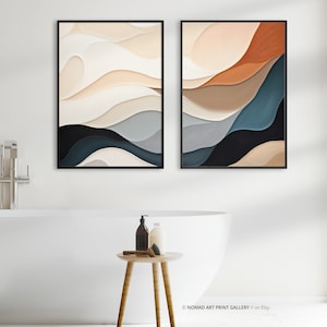 Set of 2 Abstract Wave Wall Art Prints, Apartment Decor, Minimalist Wave House Warming Gift, Matching Orange Grey CreamBlue Museum Prints