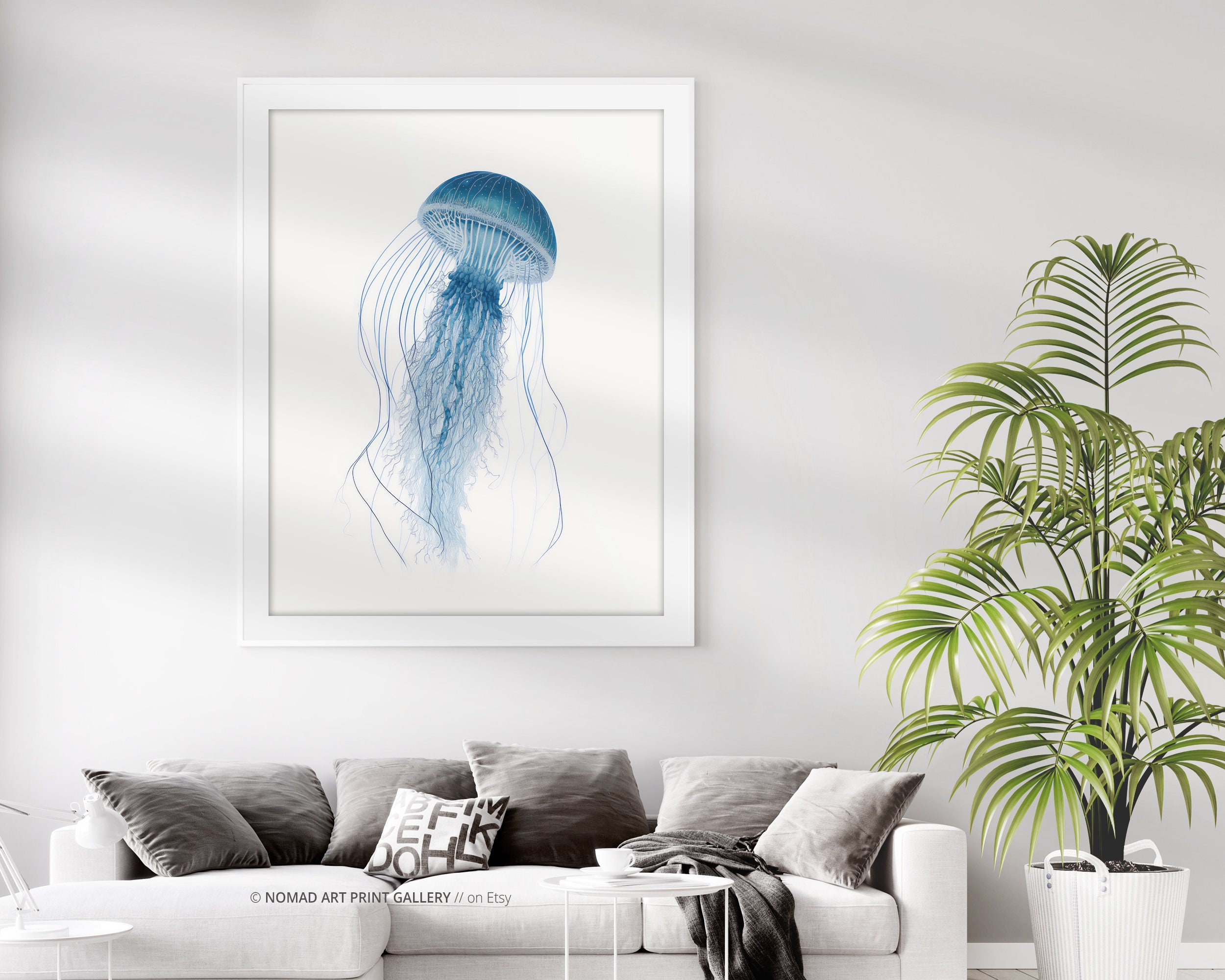 Jellyfish Wall Art, Blue Jellyfish Art, Ocean Art, Nautical Print ...