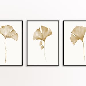 3 Piece Beige Wall Art, Abstract Botanical Prints, Ginkgo Wall Prints, Beige Wall Prints, Minimalist House Warming Gift, Floral, Set of 3