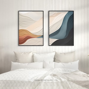 Set of 2 Abstract Wave Wall Art Prints, Apartment Decor, Minimalist Wave House Warming Gift, Matching Orange Grey CreamBlue Museum Prints