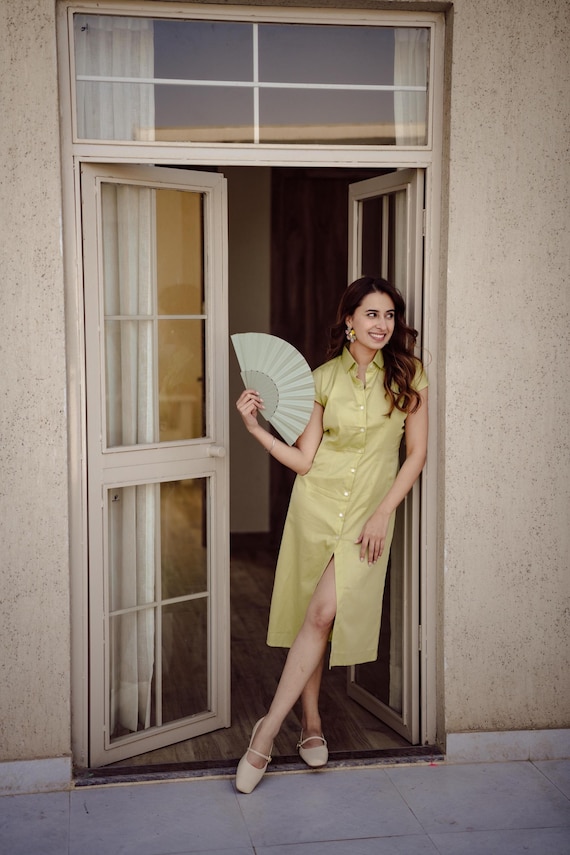Sage Green Cotton Dress - Soft Green Summer Midi Dress - Handmade Indian Cotton Outfit - Lightweight Breathable Daywear