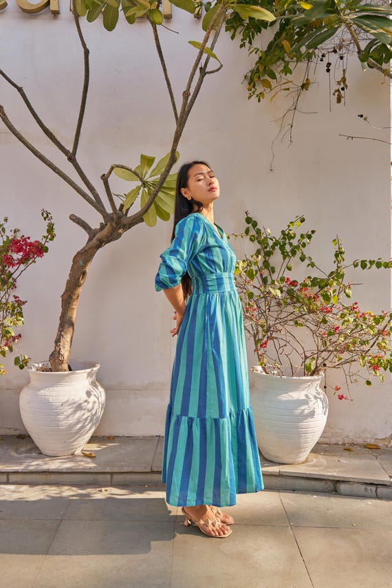 knee length dresses for ladies 100% Cotton Beige Multi Stripe Maxi Dress - All Dresses