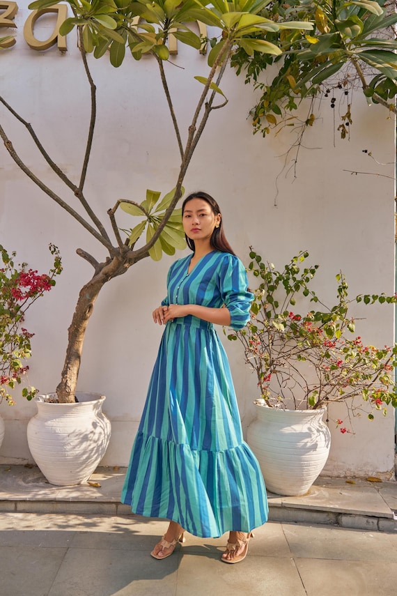 Seaside Cotton Maxi Dress - Blue Striped Summer Dress - Handmade Indian Cotton Outfit - Lightweight Breezy Beachwear
