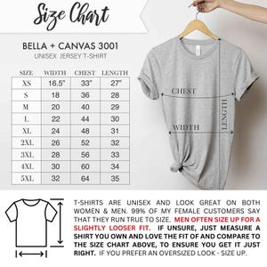 May include: Size chart for unisex jersey t-shirts from Bella + Canvas 3001. The chart shows sizes XS to 5XL with measurements in inches for width, chest, and length.