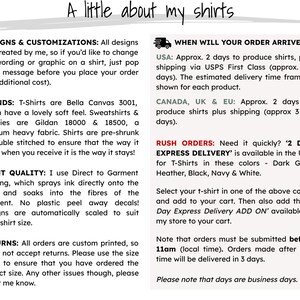May include: A text-based graphic with information about custom t-shirt designs, brands, print quality, returns, and shipping times. The graphic includes a small truck icon and the text "When will your order arrive?"  The text includes information about shipping times for the United States, Canada, the United Kingdom, and the European Union. The graphic also includes information about rush orders and express delivery.
