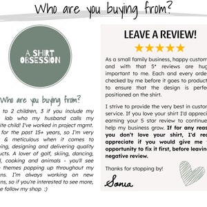 May include: A green circle with the text "A SHIRT OBSESSION" inside. The text "Who are you buying from?" is written in black cursive. Below the text is a description of the seller's background and a request for customers to leave a review.