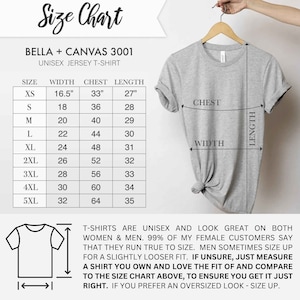 May include: Size chart for a unisex jersey t-shirt, showing measurements in inches for width, chest, and length for sizes XS to 5XL. The chart includes a graphic of a t-shirt with the measurements labelled.
