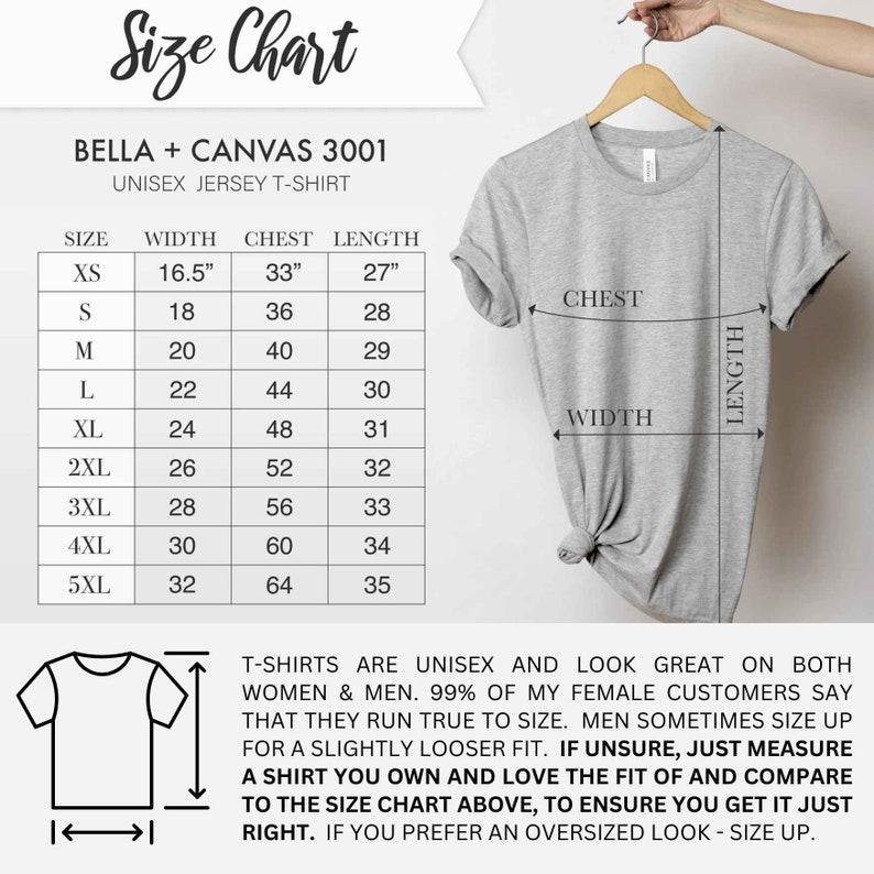 May include: Size chart for a unisex jersey t-shirt, showing measurements in inches for width, chest, and length for sizes XS to 5XL. The chart includes a graphic of a t-shirt with the measurements labelled.