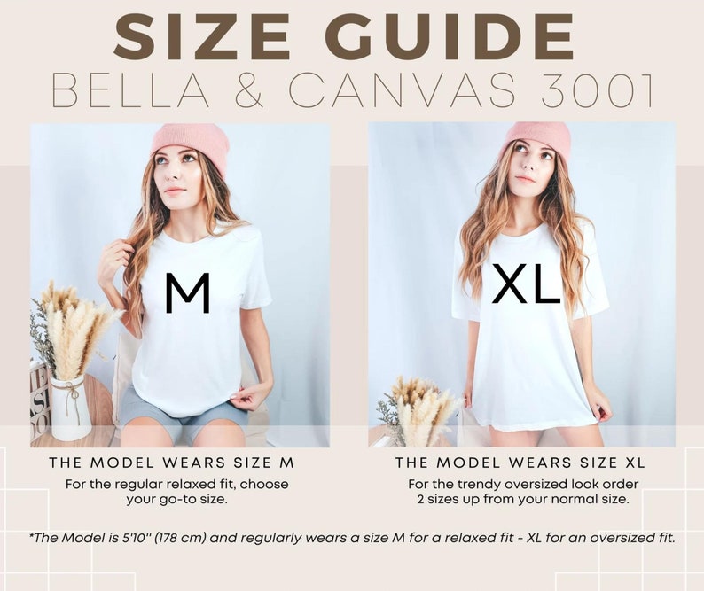 Może przedstawiać: Tabela rozmiar&oacute;w dla koszulek Bella + Canvas 3001. Modelka nosi rozmiar M dla luźnego dopasowania i rozmiar XL dla oversizowego dopasowania. Modelka ma 178 cm wzrostu.