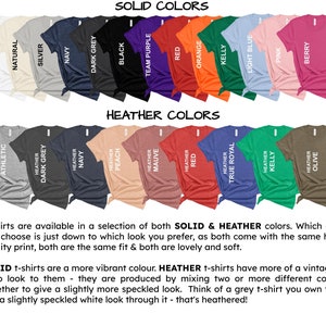 May include: A chart showing the different color options for t-shirts. The top row shows solid colors, including white, natural, silver, navy, dark grey, black, team purple, red, orange, kelly, light blue, pink, and berry. The bottom row shows heather colors, including athletic heather, dark grey heather, navy heather, peach heather, mauve heather, red heather, true royal heather, kelly heather, olive heather, and pink heather. The text "SOLID COLORS" is at the top of the chart, and the text "HEATHER COLORS" is in the middle of the chart.