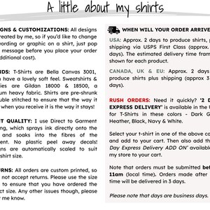 May include: A text-based graphic with information about custom t-shirt designs, brands, print quality, returns, and shipping times. The graphic includes the text "A little about my shirts" at the top and includes information about rush orders and express delivery.