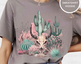 Desert Shirt, Cactus Shirt, Western Shirt, Arizona Shirt, Bull Skull Shirt, Texas Shirt, Western Graphic Tee, Southern Shirt | ASO