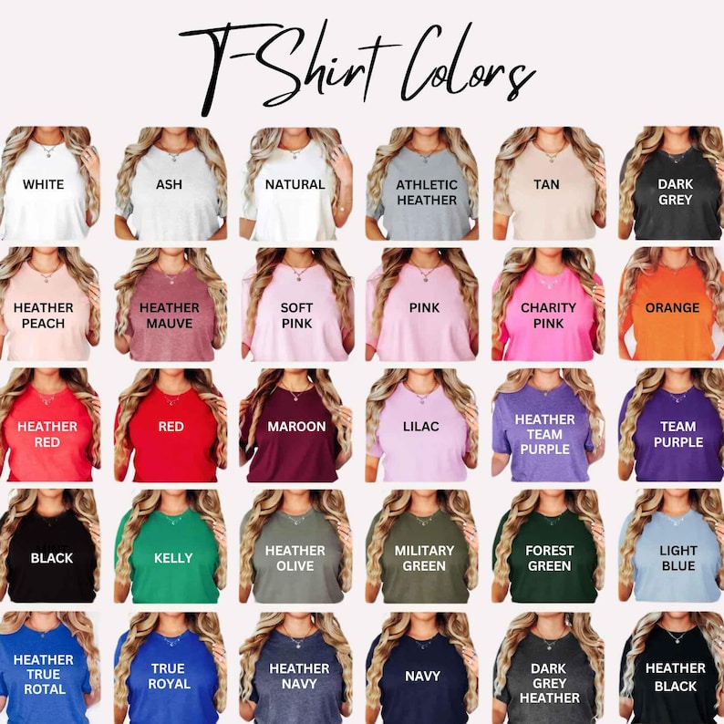 Puede incluir: Un gr&aacute;fico que muestra 20 colores de camiseta diferentes. Los colores est&aacute;n dispuestos en una cuadr&iacute;cula de 5 filas y 4 columnas. Los colores incluyen blanco, ceniza, natural, jaspeado atl&eacute;tico, marr&oacute;n, gris oscuro, melocot&oacute;n jaspeado, malva jaspeado, rosa suave, rosa, rosa caridad, naranja, rojo jaspeado, rojo, granate, lila, morado jaspeado de equipo, morado de equipo, negro, verde kelly, oliva jaspeado, verde militar, verde bosque, azul claro, azul real jaspeado, azul real, azul marino jaspeado, azul marino, gris jaspeado oscuro y negro jaspeado.