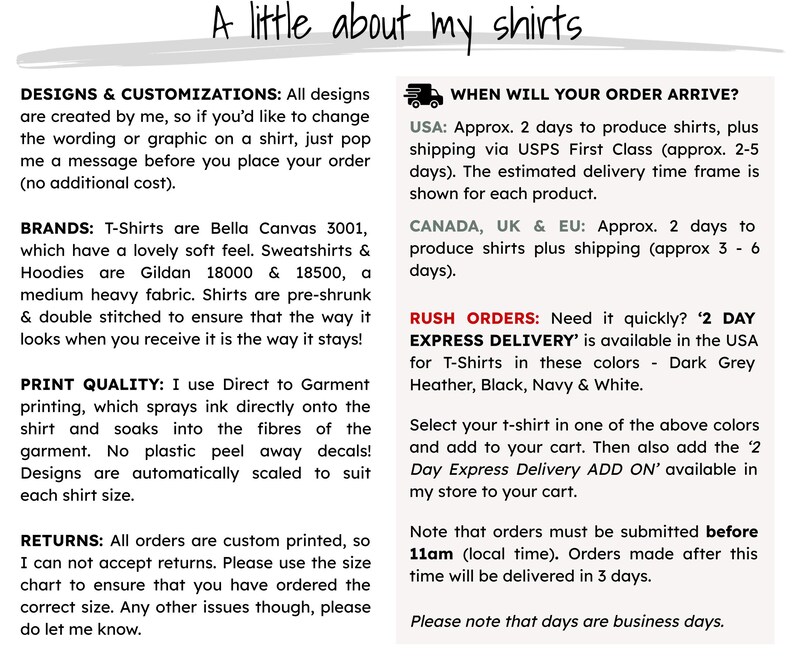 May include: A text-based graphic with information about custom t-shirt designs, brands, print quality, returns, and shipping times. The graphic includes a small truck icon and the text "When will your order arrive?"  The text includes information about shipping times for the United States, Canada, the United Kingdom, and the European Union. The graphic also includes information about rush orders and express delivery.