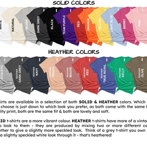 May include: A selection of t-shirts in solid and heather colours, including white, black, and red. Heather options feature grey, navy, and olive. Text details the differences between solid and heathered fabric styles.
