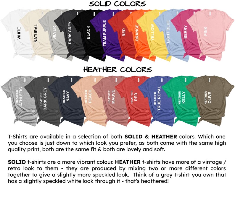 May include: A selection of t-shirts in solid and heather colours, including white, black, and red. Heather options feature grey, navy, and olive. Text details the differences between solid and heathered fabric styles.