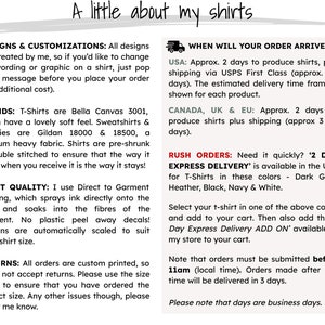 May include: A text-based graphic with information about custom t-shirt designs, brands, print quality, returns, and shipping times. The graphic includes a small truck icon and the text "When will your order arrive?"  The text includes information about shipping times for the United States, Canada, the United Kingdom, and the European Union. The graphic also includes information about rush orders and 2-day express delivery.