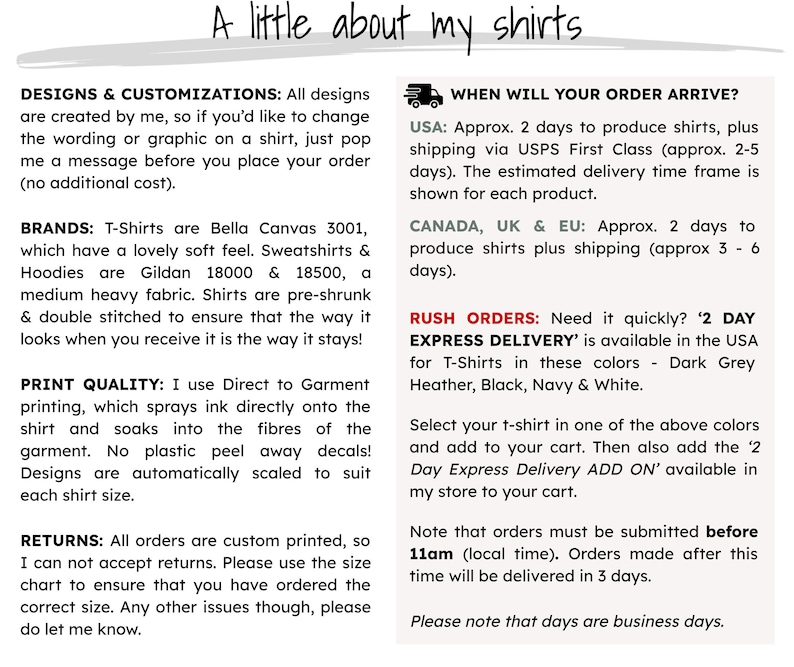 May include: A text-based graphic with information about custom t-shirt designs, brands, print quality, returns, and shipping times. The graphic includes a small truck icon and the text "When will your order arrive?"  The text includes information about shipping times for the United States, Canada, the United Kingdom, and the European Union. The graphic also includes information about rush orders and 2-day express delivery.