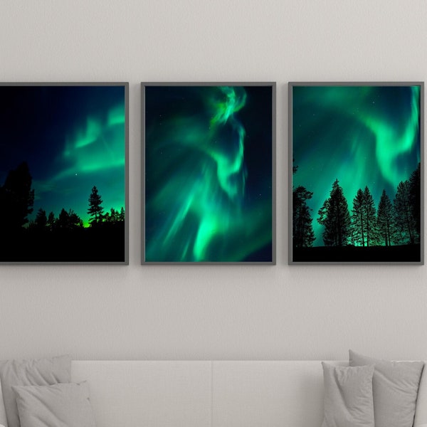 Pacchetto stampabile Aurora, Set di 3 stampe artistiche da parete dell'aurora boreale, file di fotografia digitale del cielo notturno di Canada e Islanda, arte da parete verde scuro