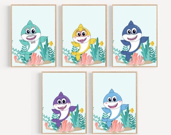 Baby Shark imprimible vivero Kid's Room Wall Art Set de 5 / Shark Family Theme Soft Blue Coral Design / Gallery Wall Art / Baby Room Decoration