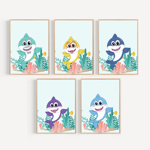 Baby Shark Printable Nursery Kid's Room Wall Art Set of 5/ Shark Family Theme Soft Blue Coral Design/ Gallery Wall Art/ Baby Room Decoration