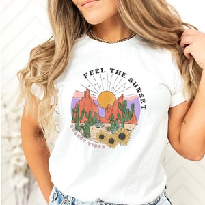 Sunflower, Sunset, Fell The Sunset, Sunshine, Mountains, Women&#39;s T-Shirt, Retro, Desert Vibes, Bella & Canvas, Crewneck Jersey Short Sleeve