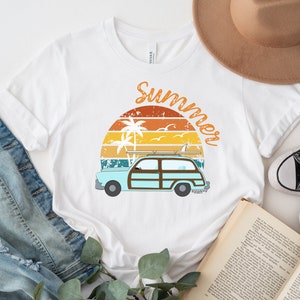 Summer Vibes Beach Shirt Surfboard T-Shirt Summer Crewneck Sunset Vibes Ford Woody Wagon Surf Shirt Gift For Her