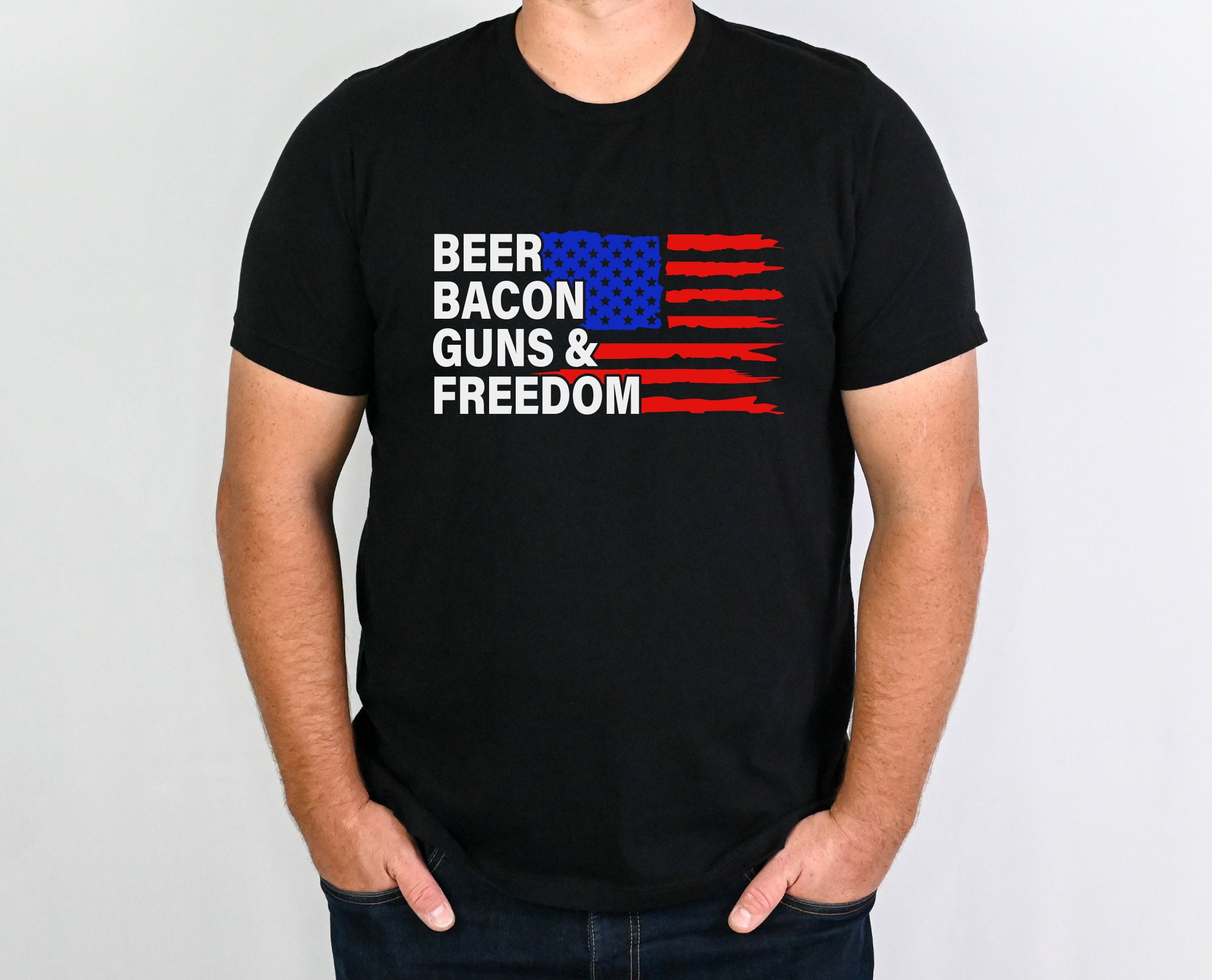 Beer Bacon Guns Freedom Shirt Father's Day Tshirt American Flag T-Shirt  Patriotic Shirt 2A Graphic Tee Gift For Dad Unisex