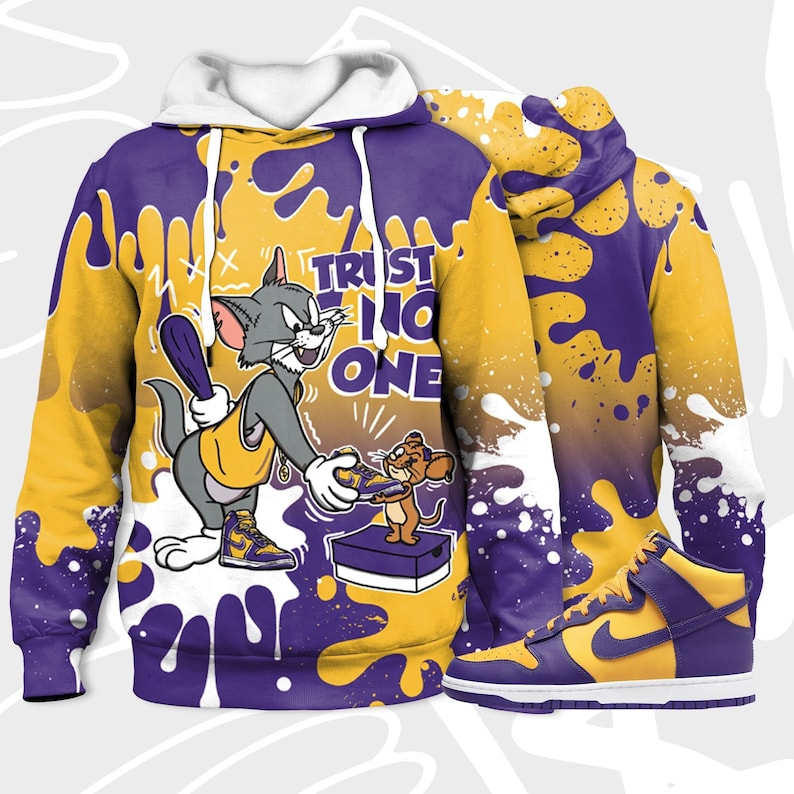Trust no one cat and mouse 3d splash hoodie match dunk high purple university gold,jordan matchhoodie