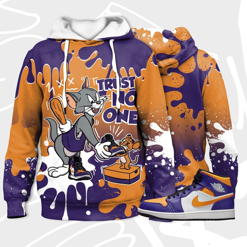 Trust no one cat and mouse 3d splash hoodie match jordan 1 mid purple university gold,jordan matchhoodie