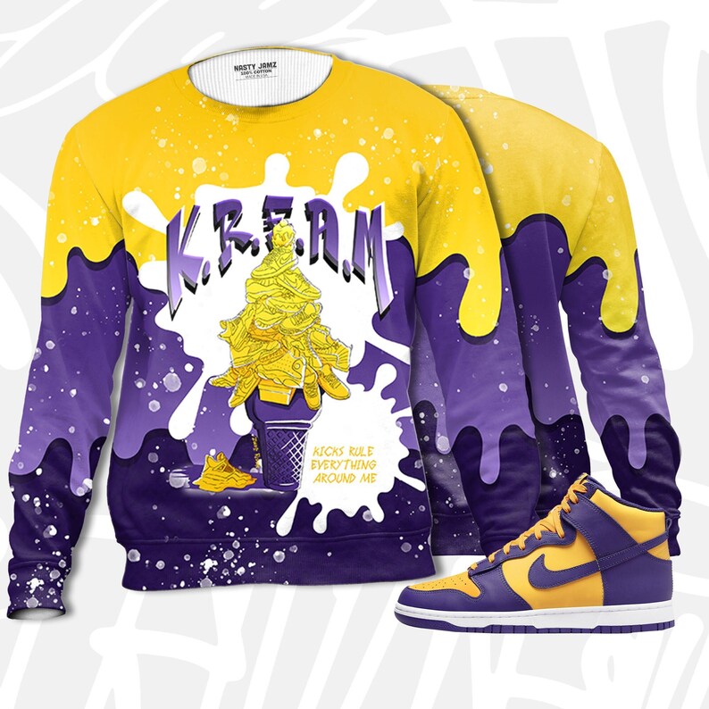 Kream 3d waffle cone sweatshirt match dunk high purple university gold outfit sneaker, sweatshirt 3d match sneaker jordan