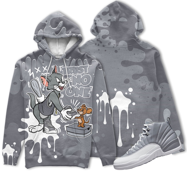 Trust no one cat and mouse 3d splashjordan 12 retro stealth christmas cartoon hoodie, tom hoodie, jerry hoodie, cartoon gift