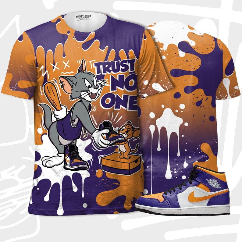 Trust no one cat and mouse 3d splash t-shirt match jordan 1 mid purple university gold,jordan matchshirt 3d
