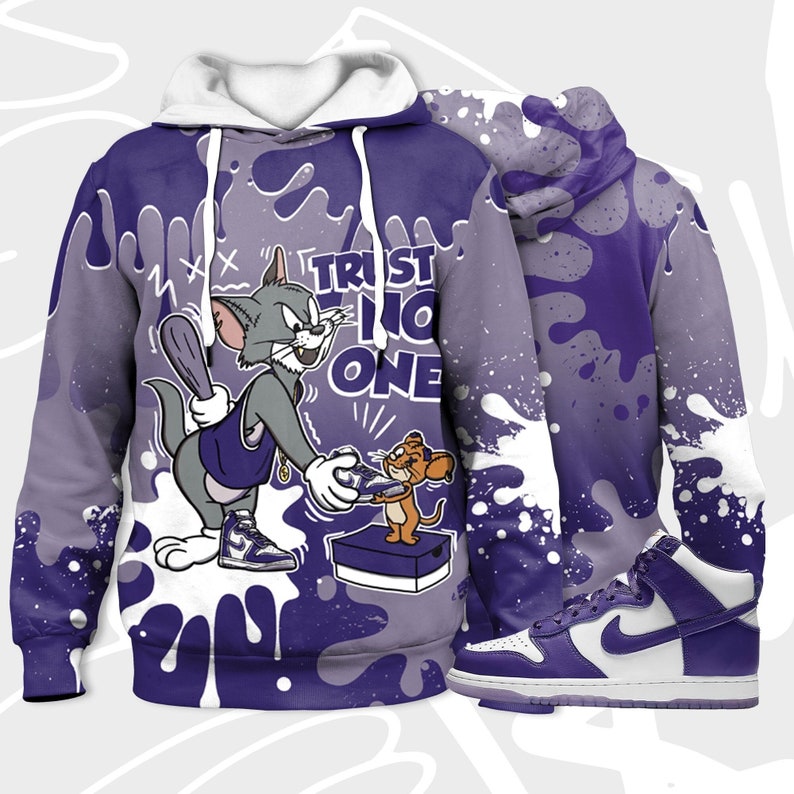 Trust no one cat and mouse 3d splash hoodie match dunk high varsity purple,jordan matchhoodie