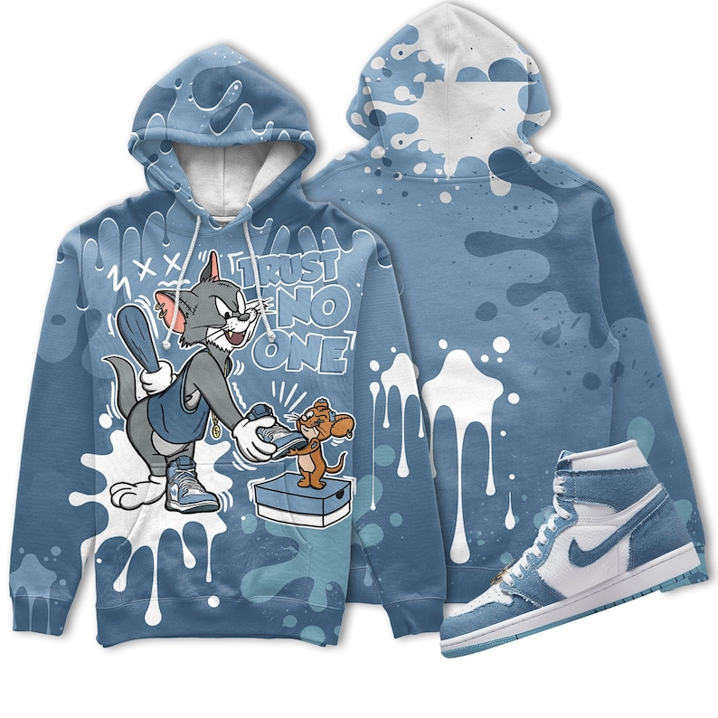 Trust no one cat and mouse 3d splashjordan 1 high og denim christmas cartoon hoodie, tom hoodie, jerry hoodie, cartoon gift