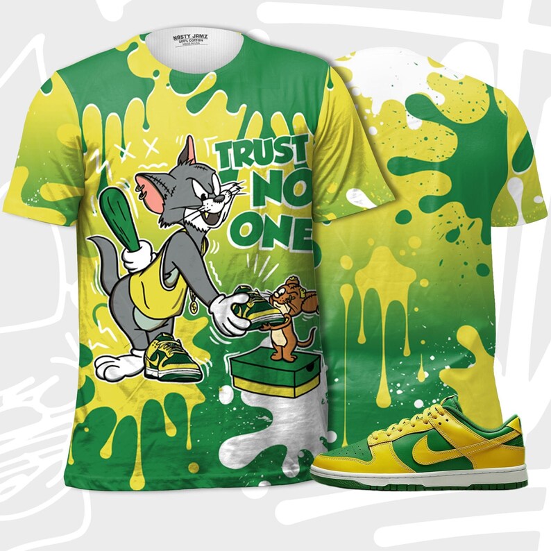 Trust no one cat and mouse 3d splash t-shirt match dunk low reverse brazil,jordan matchshirt 3d