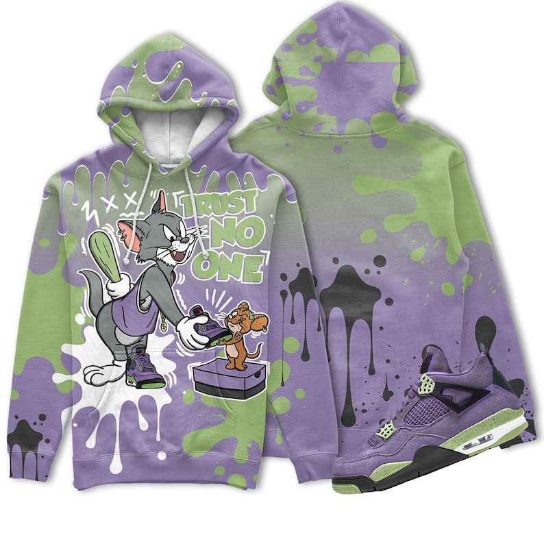 Trust no one cat and mouse 3d splashjordan 4 retro canyon purple christmas cartoon hoodie, tom hoodie, jerry hoodie, cartoon gift