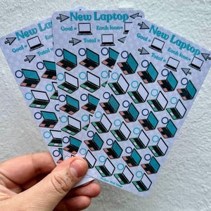 May include: Three stickers with a light blue background and a pattern of teal and white laptops. The stickers have the text "New Laptop" and the words "Goal", "Each icon", and "Total".